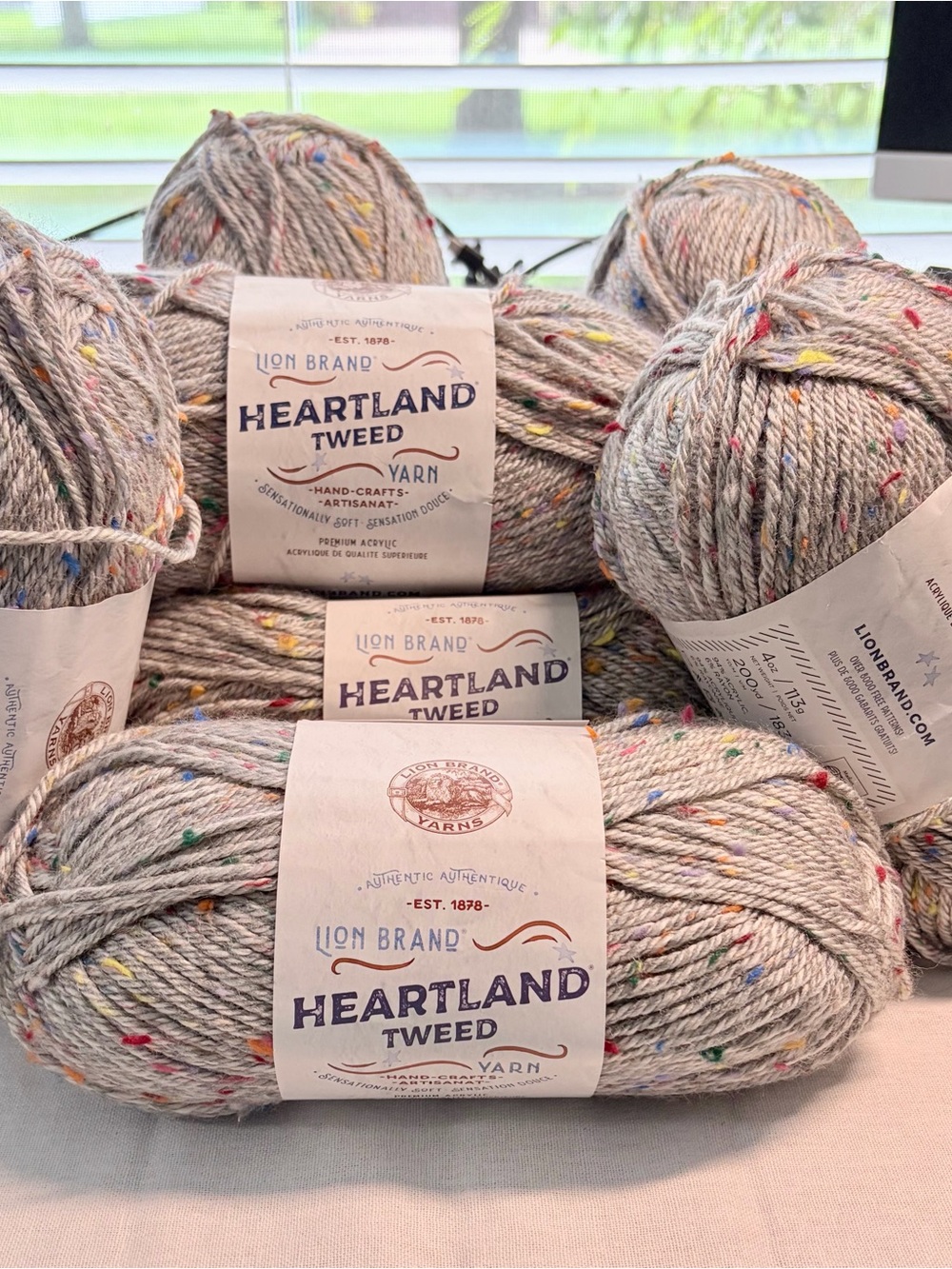 7 Skeins Lion Brand Heartland Tweed Yarn - Light Gray with Multi-Color Speckles